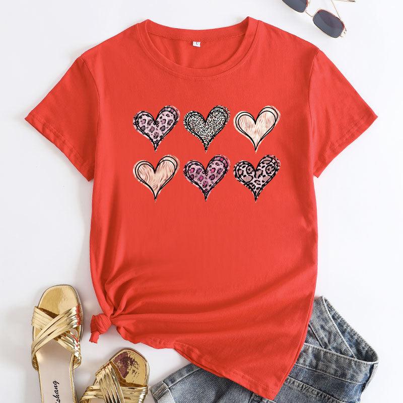 Women's Fashion Casual Love Printed Cotton Round Neck Short Sleeve - Nioor