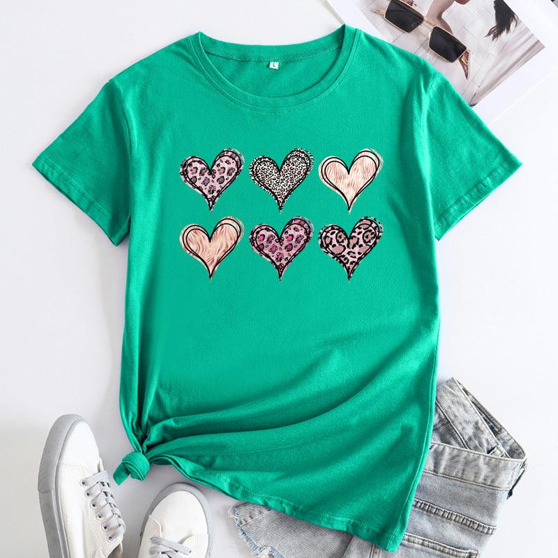 Women's Fashion Casual Love Printed Cotton Round Neck Short Sleeve - Nioor