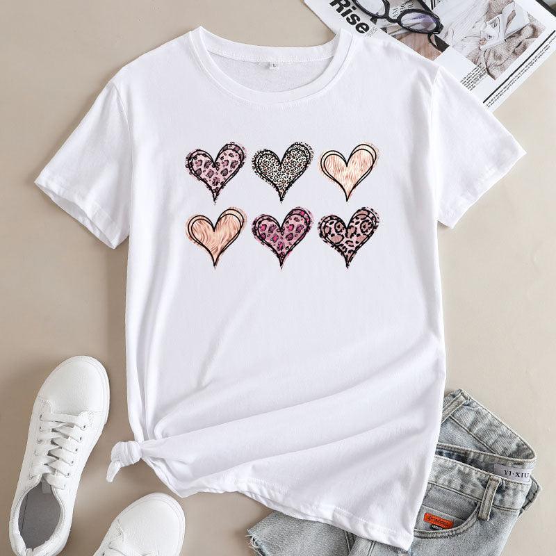 Women's Fashion Casual Love Printed Cotton Round Neck Short Sleeve - Nioor