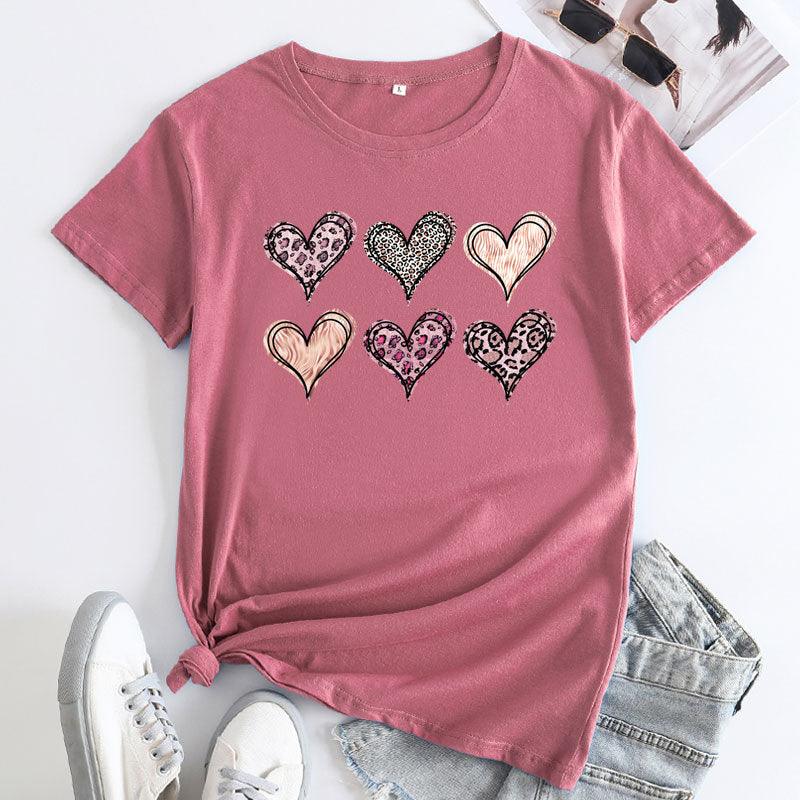 Women's Fashion Casual Love Printed Cotton Round Neck Short Sleeve - Nioor