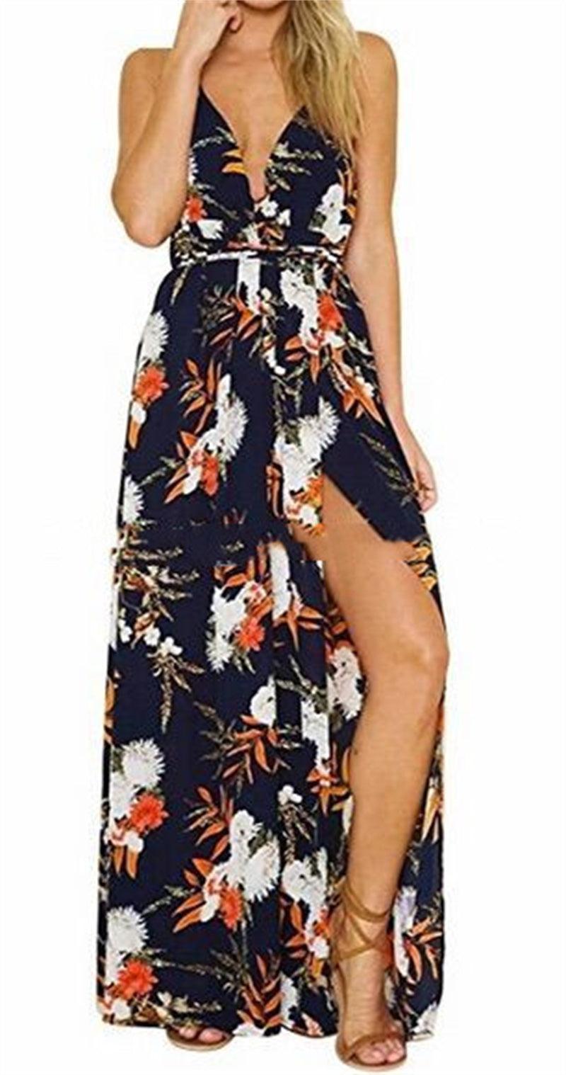 Women's Fashion Casual Printing Backless Slip Dress - Nioor