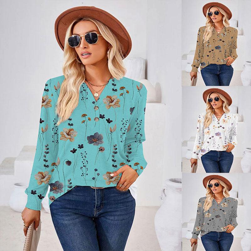 Women's Fashion Casual Printing Button V-neck Long Sleeve - Nioor