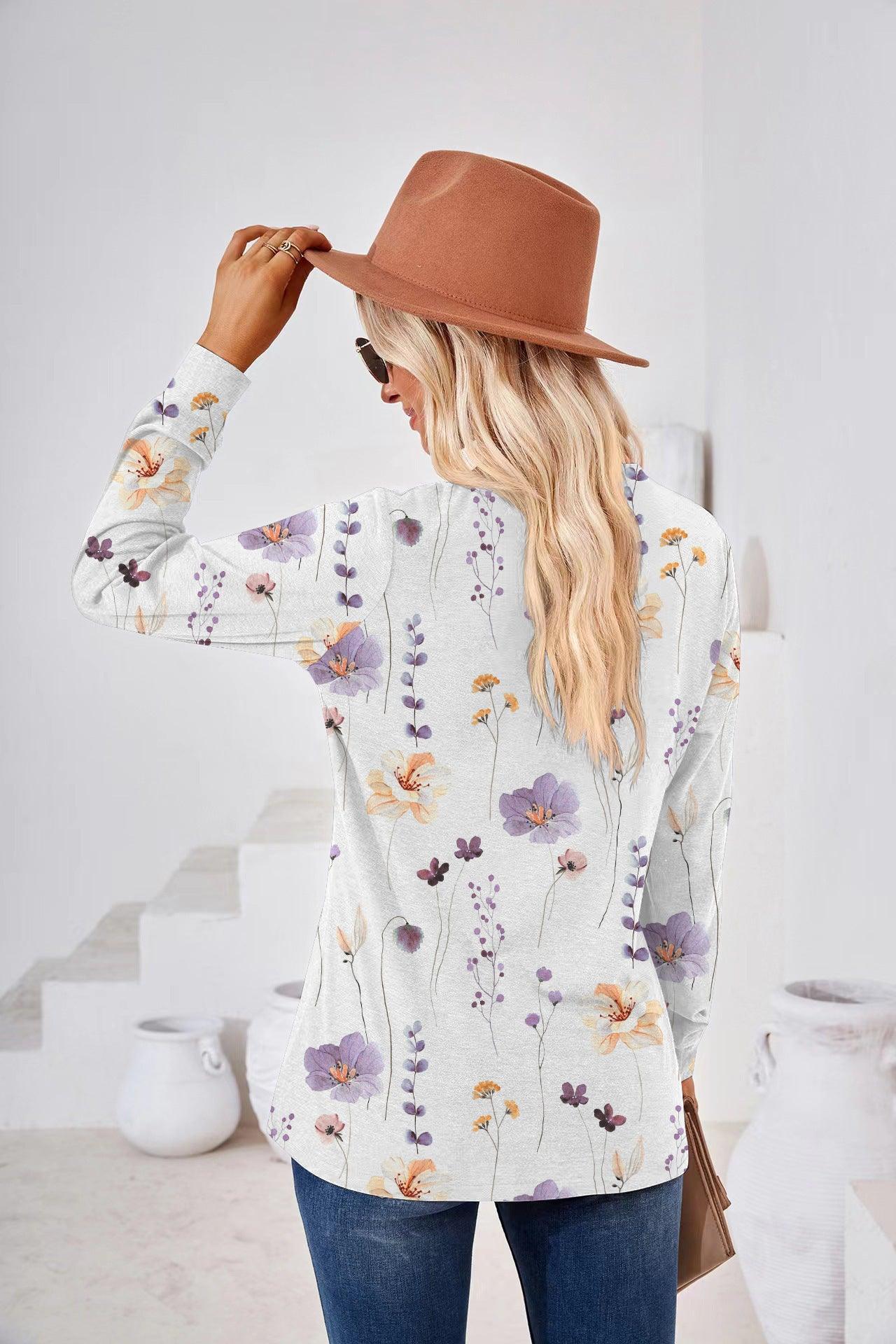 Women's Fashion Casual Printing Button V-neck Long Sleeve - Nioor