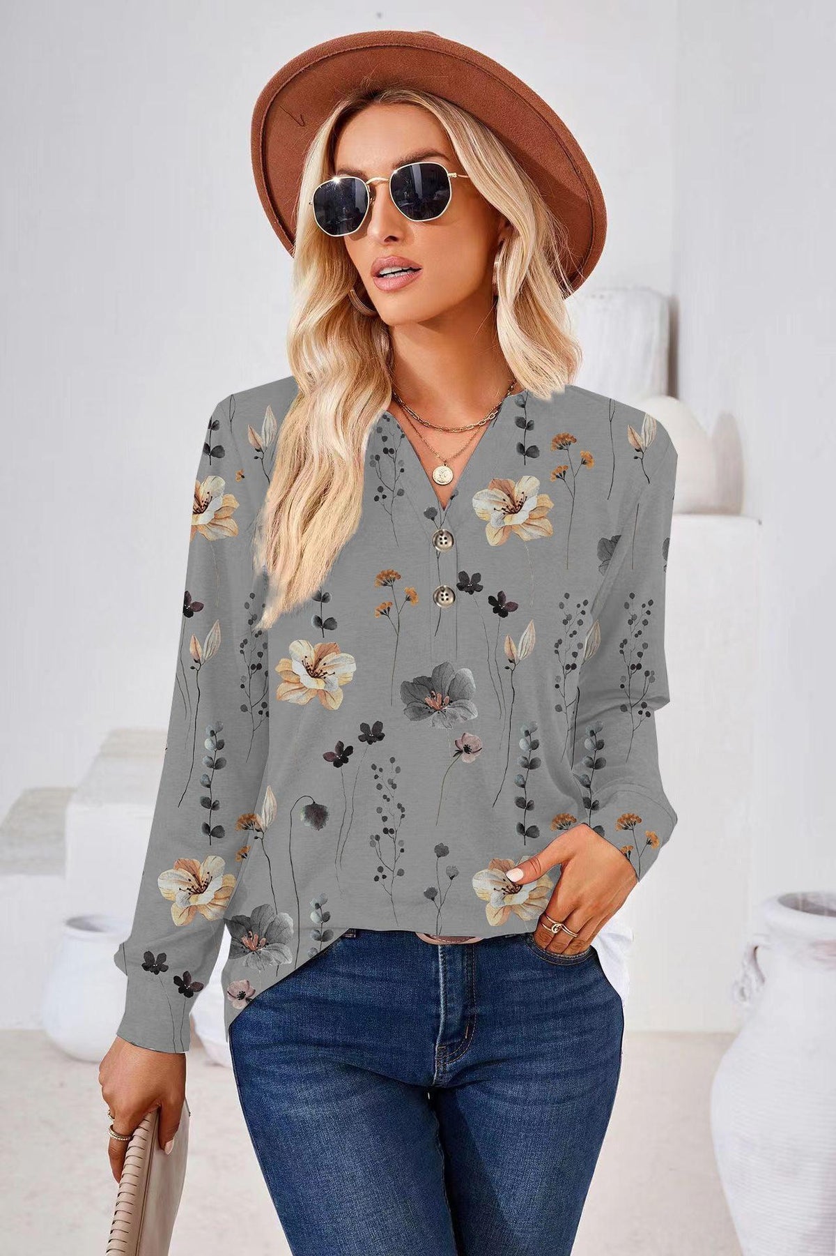 Women's Fashion Casual Printing Button V-neck Long Sleeve - Nioor