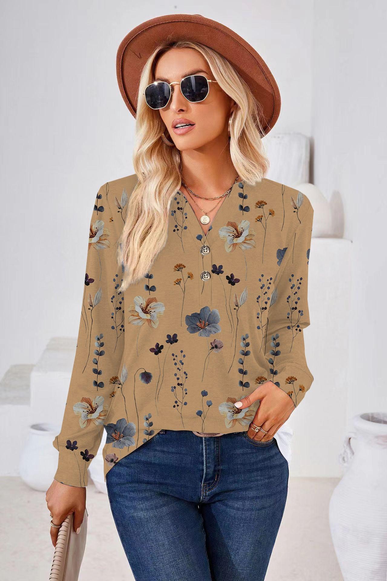 Women's Fashion Casual Printing Button V-neck Long Sleeve - Nioor