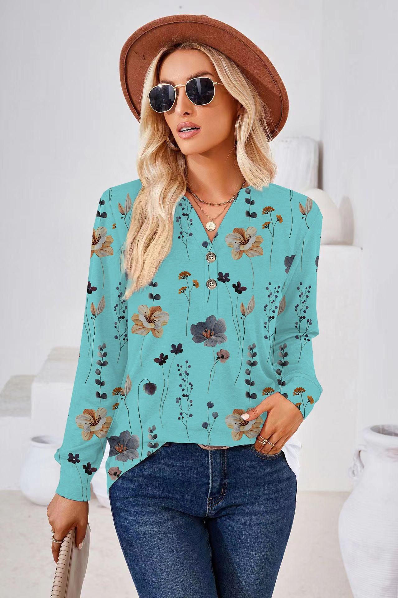 Women's Fashion Casual Printing Button V-neck Long Sleeve - Nioor