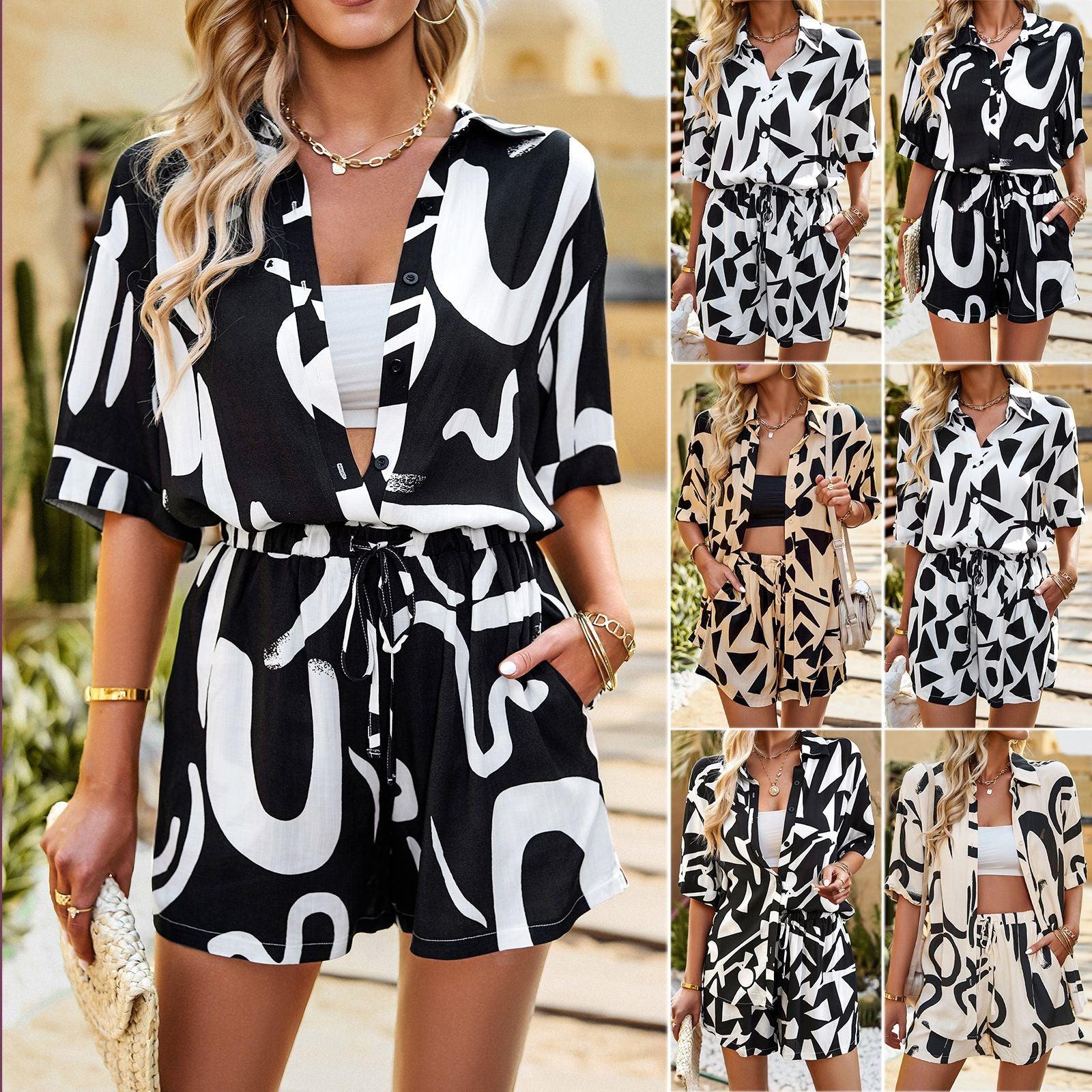 Women's Fashion Casual Printing Shirt And Shorts Suit - Nioor