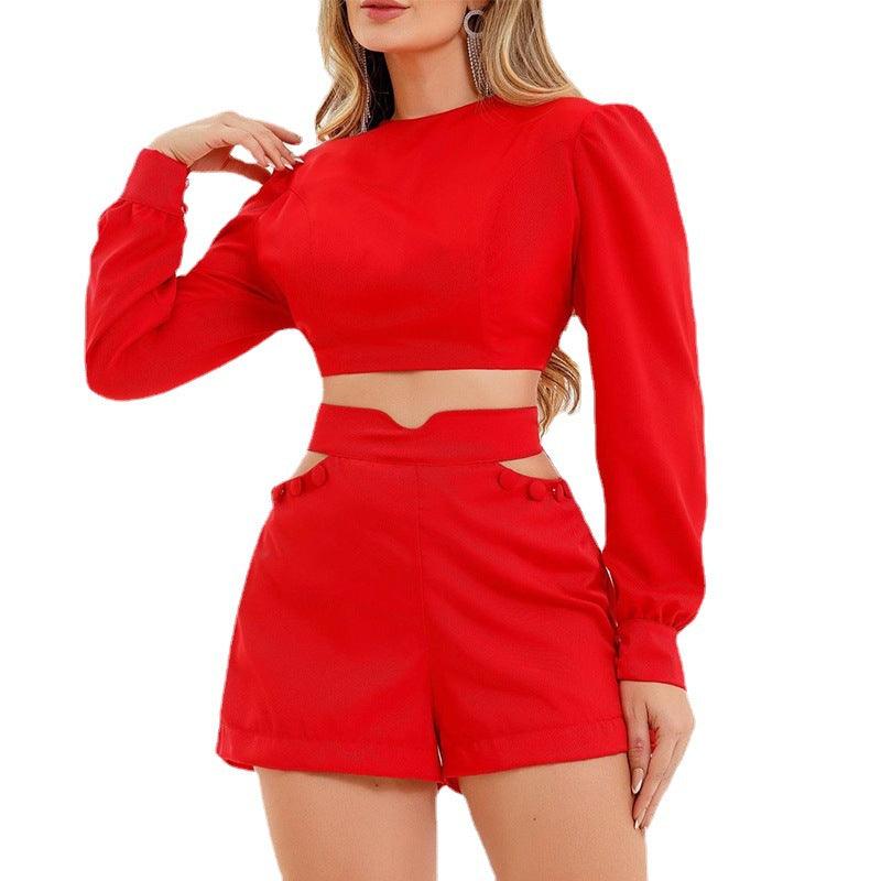 Women's Fashion Casual Short Long Sleeve Shirt Hollow High Waist Shorts Suit - Nioor