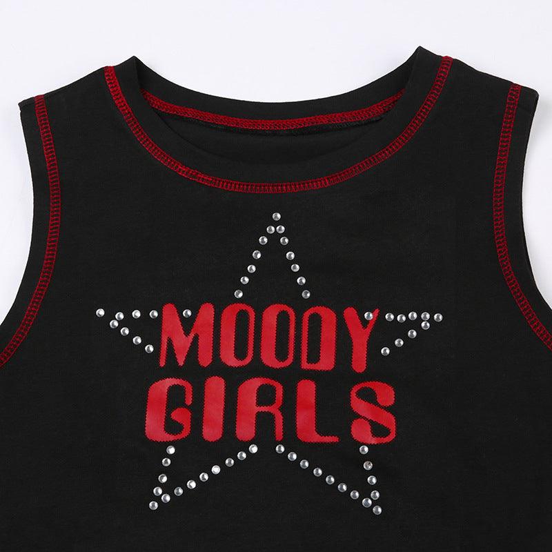 Women's Fashion Casual Short Slim Fit Slimming Round Neck Five-pointed Star Hot Drilling Vest - Nioor