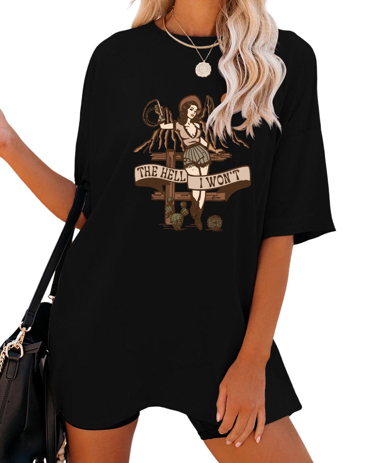 Women's Fashion Casual The Hell I Won't Print Round Neck Short Sleeve - Nioor