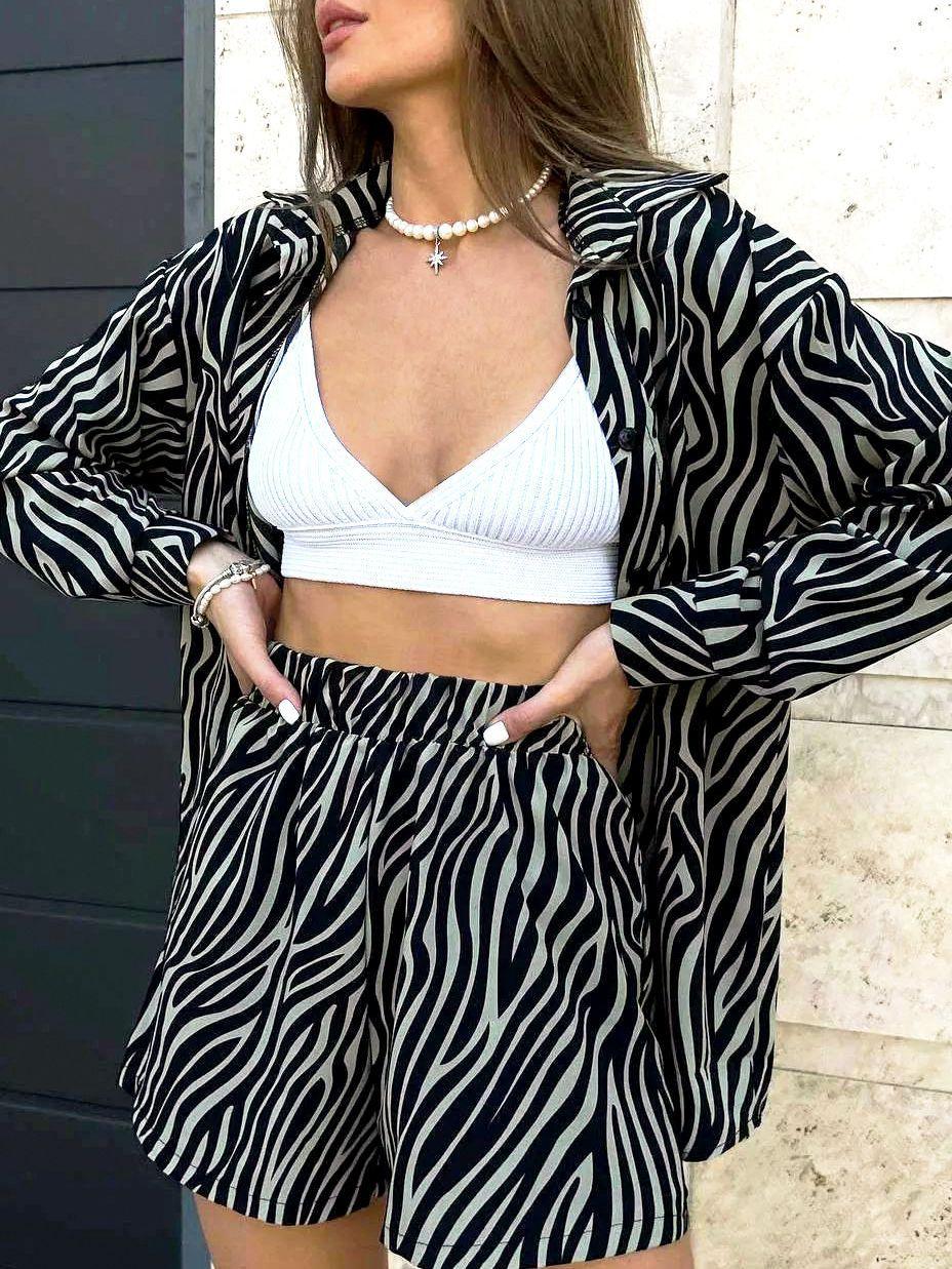 Women's Fashion Casual Zebra Striped Printed Long Sleeves Shirt High Waist Shorts Two-piece Set - Nioor