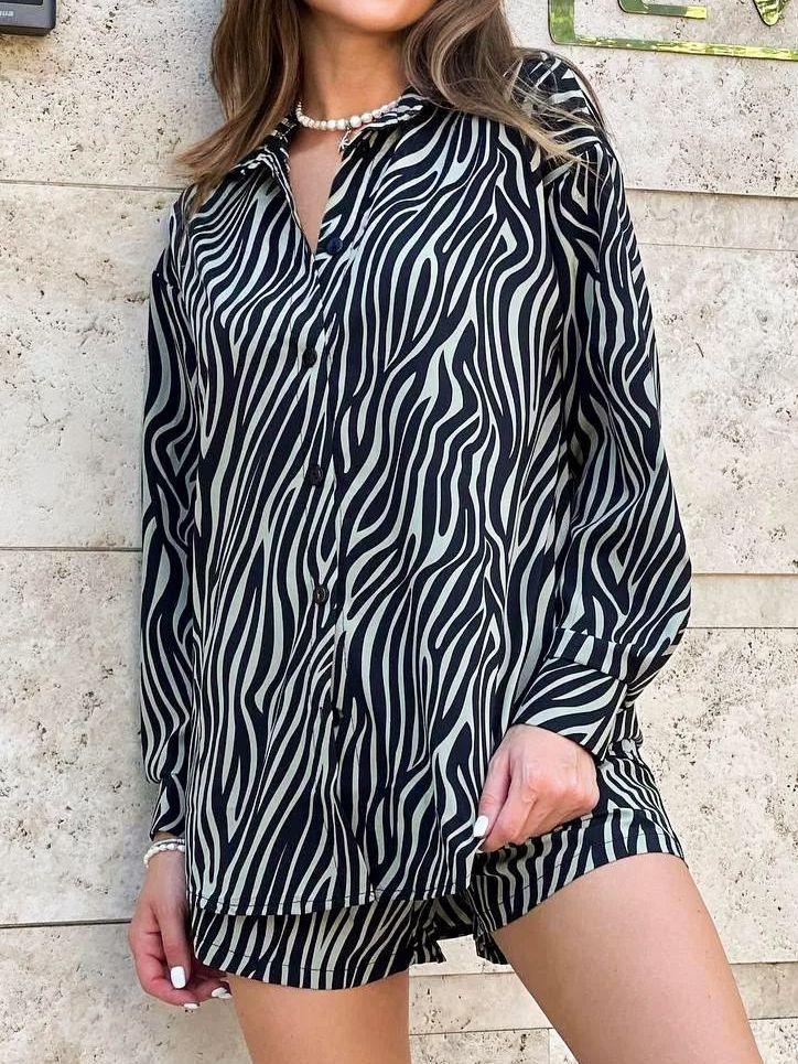 Women's Fashion Casual Zebra Striped Printed Long Sleeves Shirt High Waist Shorts Two-piece Set - Nioor