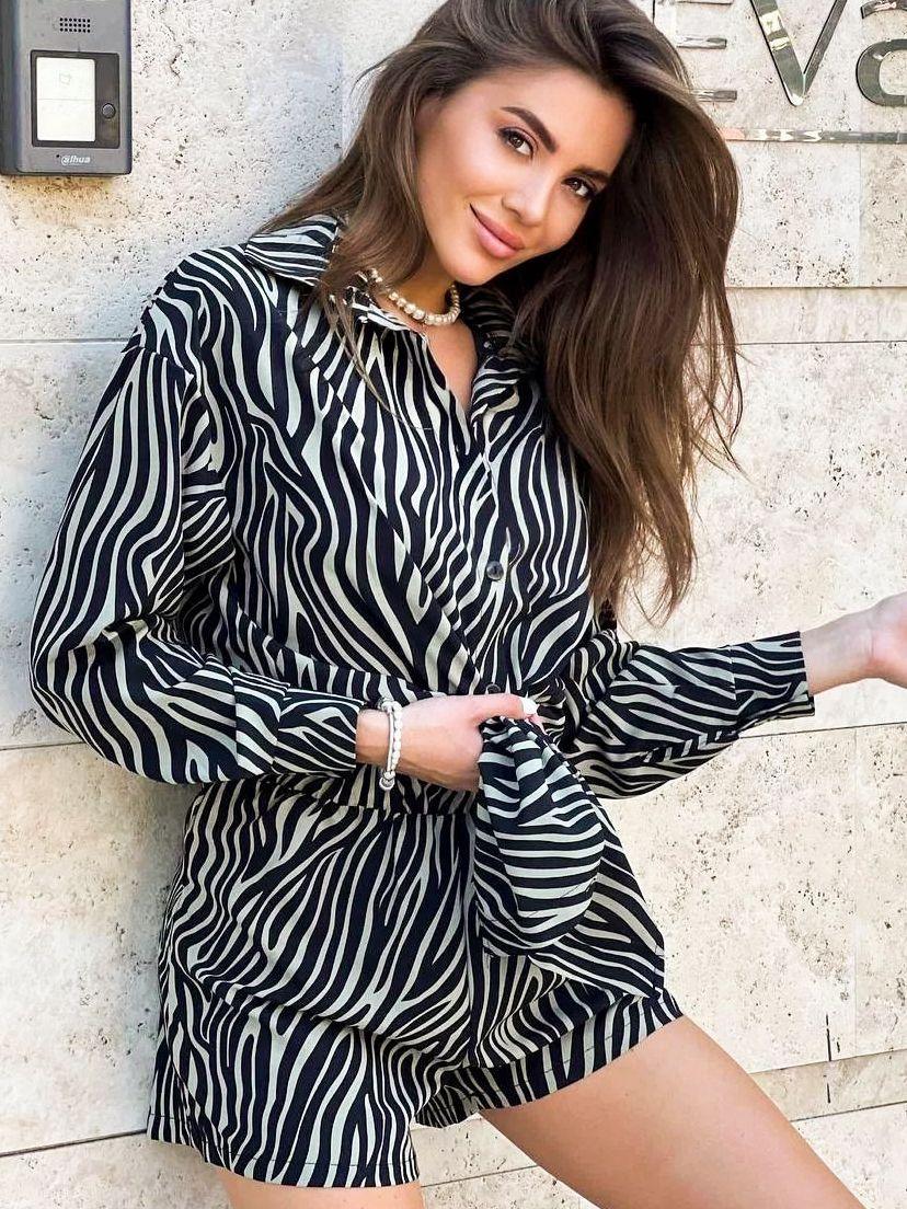 Women's Fashion Casual Zebra Striped Printed Long Sleeves Shirt High Waist Shorts Two-piece Set - Nioor