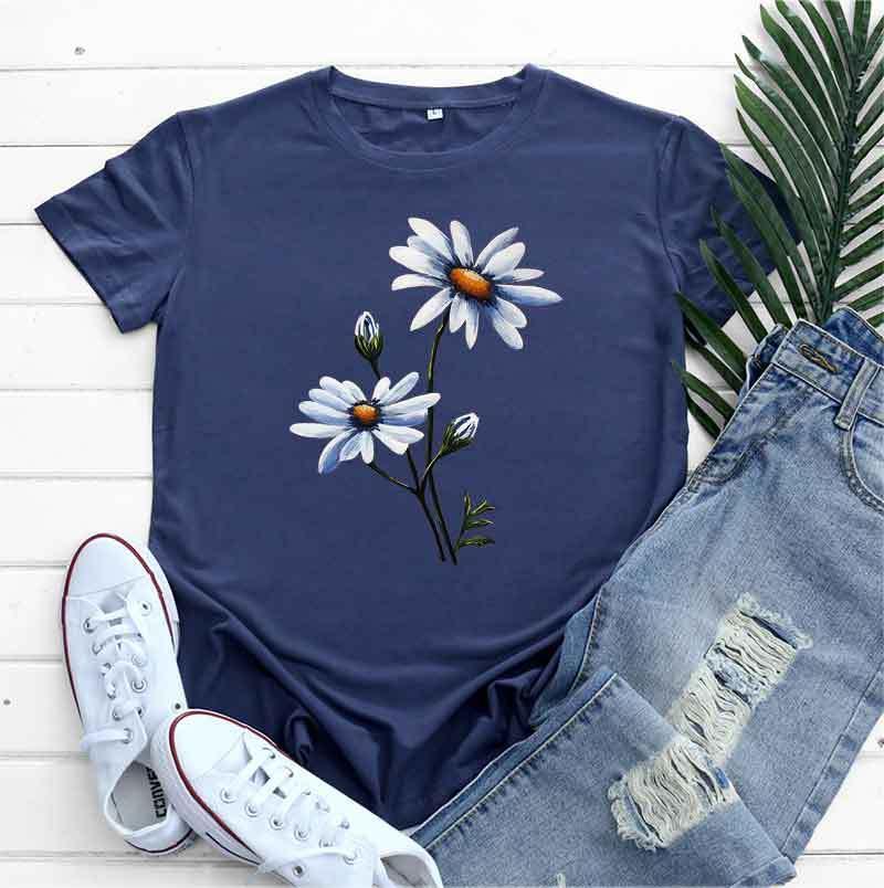 Women's Fashion Flower Print Round Neck Short Sleeve T-shirt - Nioor