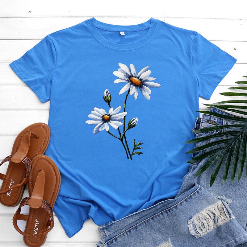 Women's Fashion Flower Print Round Neck Short Sleeve T-shirt - Nioor