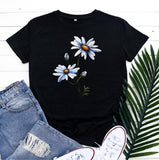 Women's Fashion Flower Print Round Neck Short Sleeve T-shirt - Nioor