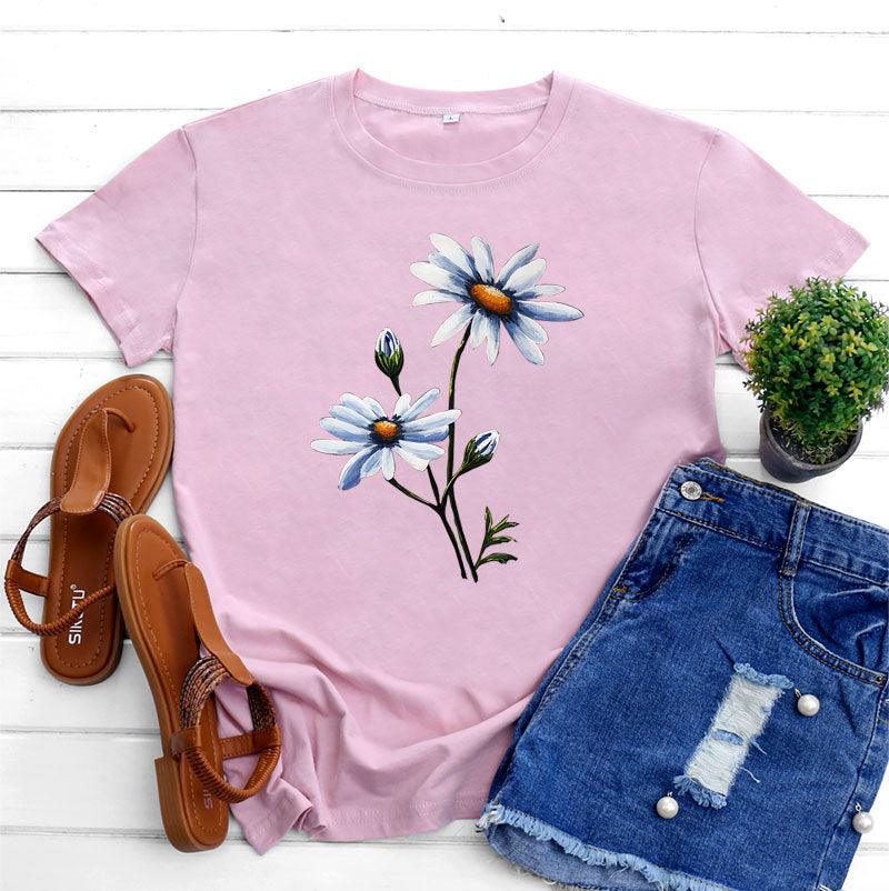 Women's Fashion Flower Print Round Neck Short Sleeve T-shirt - Nioor