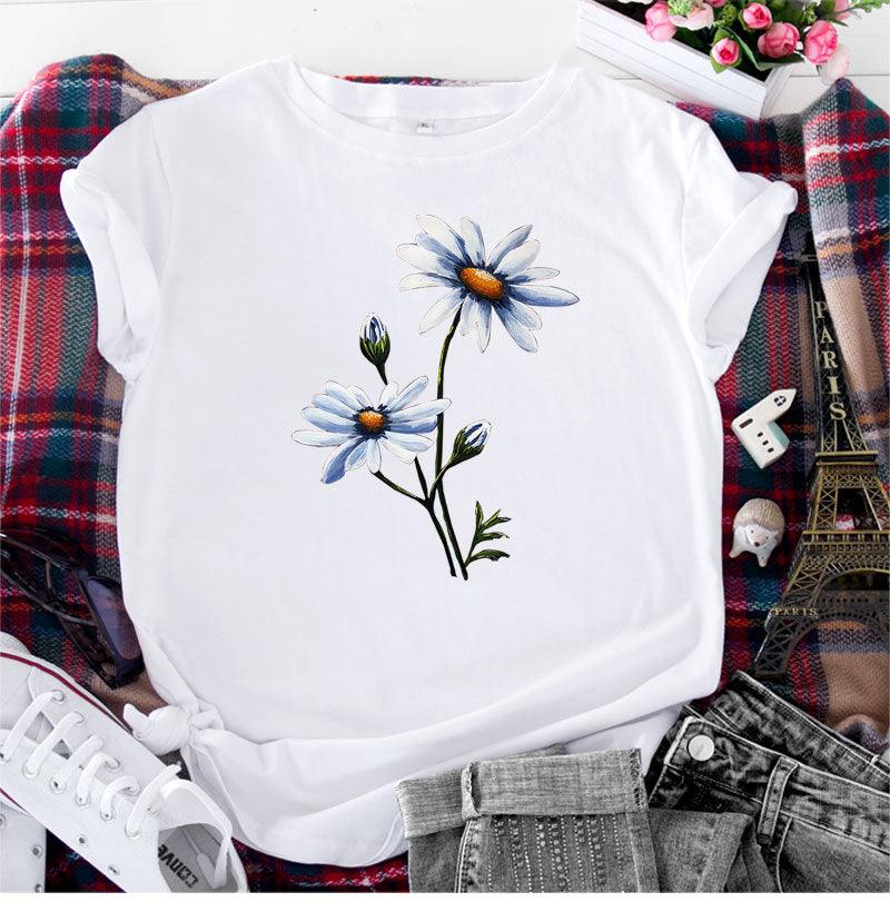 Women's Fashion Flower Print Round Neck Short Sleeve T-shirt - Nioor