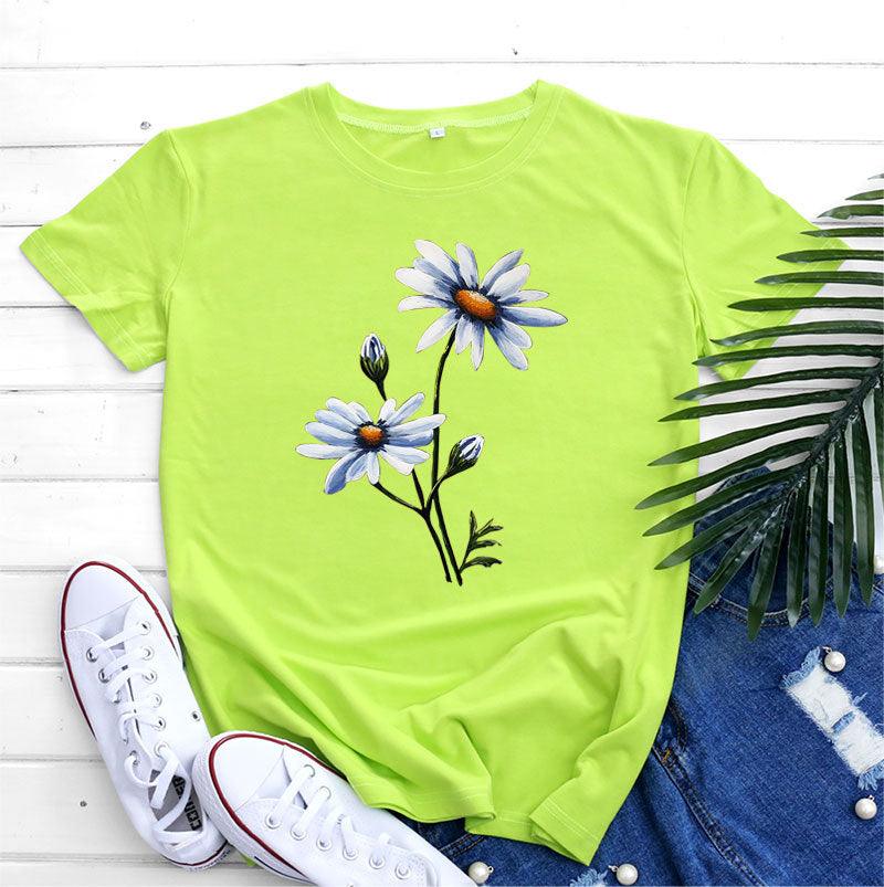 Women's Fashion Flower Print Round Neck Short Sleeve T-shirt - Nioor