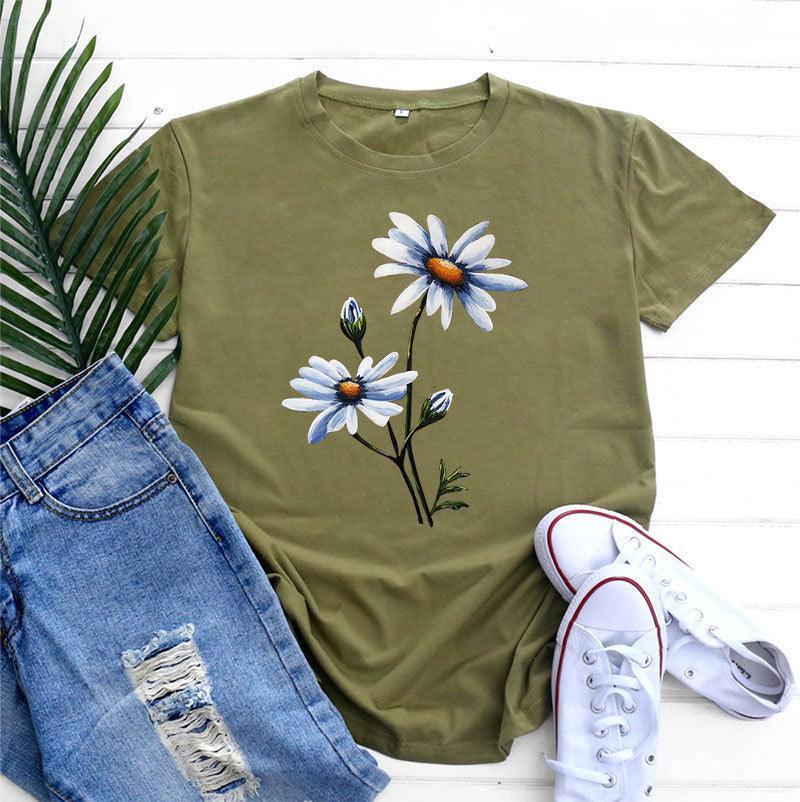 Women's Fashion Flower Print Round Neck Short Sleeve T-shirt - Nioor