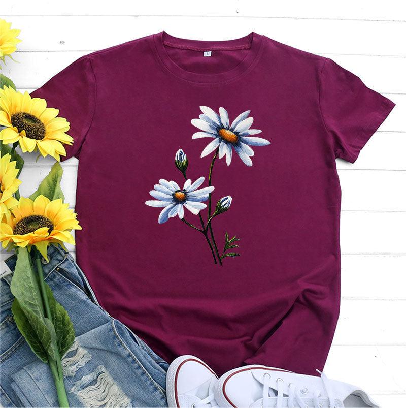 Women's Fashion Flower Print Round Neck Short Sleeve T-shirt - Nioor