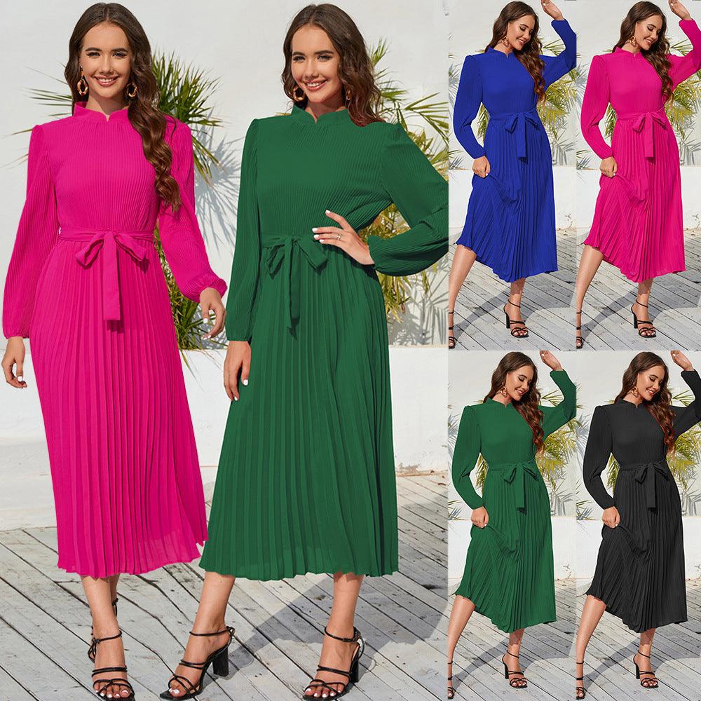 Women's Fashion Graceful Stand Collar Puff Sleeve Dress - Nioor