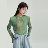 Women's Fashion Gradient Printing Blooming Stitching Irregular Crew Neck Mesh Bottoming Shirt - Nioor