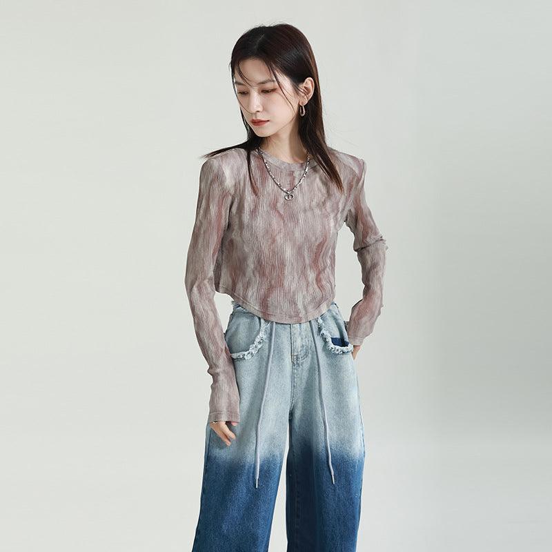 Women's Fashion Gradient Printing Blooming Stitching Irregular Crew Neck Mesh Bottoming Shirt - Nioor