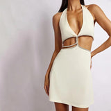 Women's Fashion Halter Low Cut Contrast Color Hollow Dress - Nioor