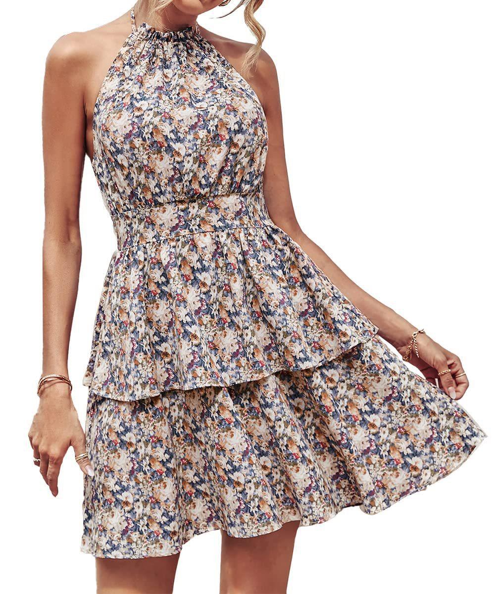 Women's Fashion Halter Printed Sleeveless Dress - Nioor