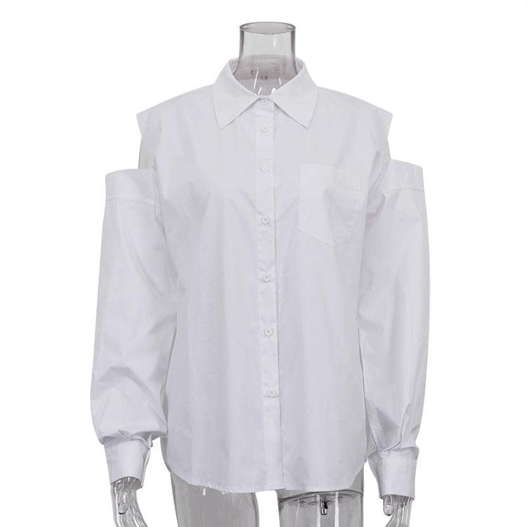 Women's Fashion Long Sleeve Lapel White Shirt - Nioor