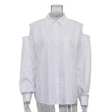 Women's Fashion Long Sleeve Lapel White Shirt - Nioor