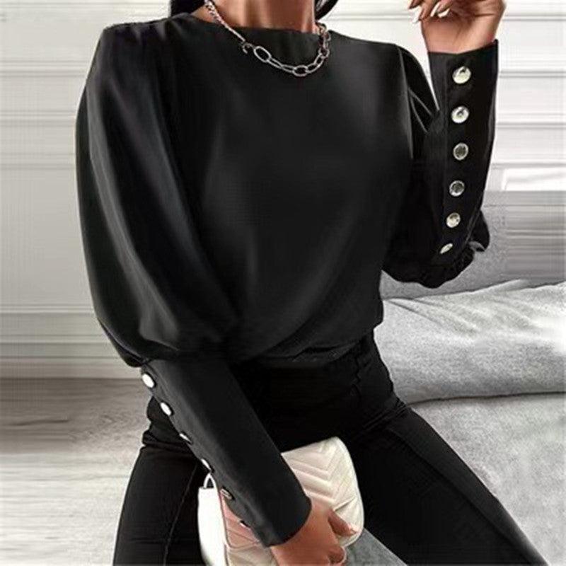 Women's Fashion Loose Casual Light Button Cage Sleeve Round Neck T-shirt - Nioor