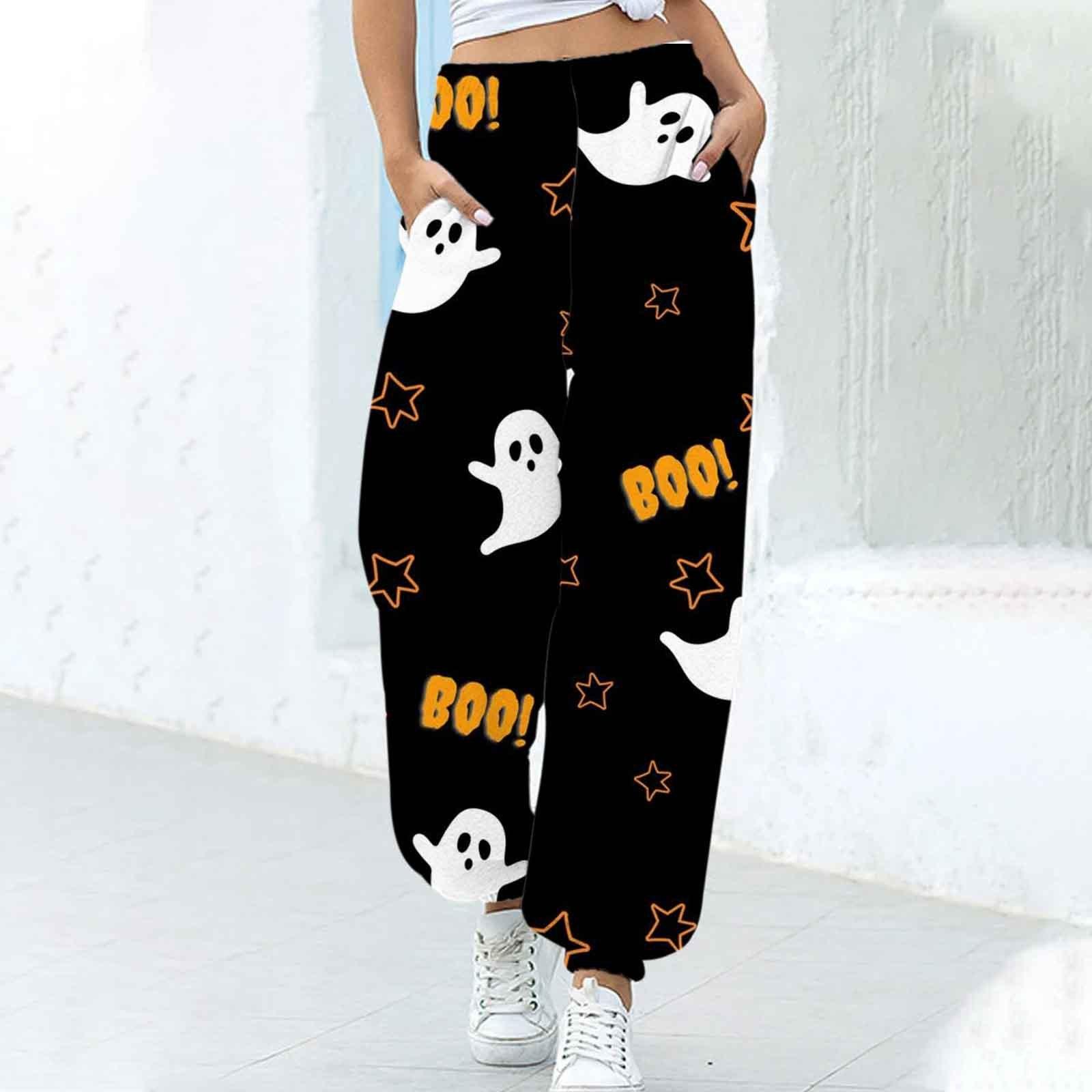 Women's Fashion Loose Halloween Funny Print Ankle Banded Pants - Nioor