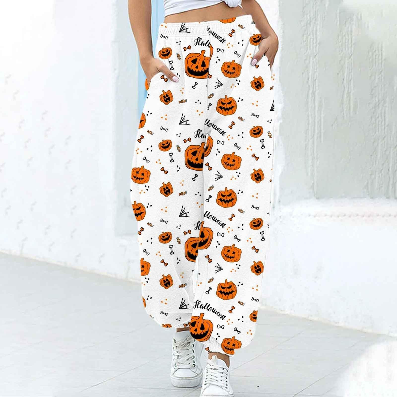 Women's Fashion Loose Halloween Funny Print Ankle Banded Pants - Nioor