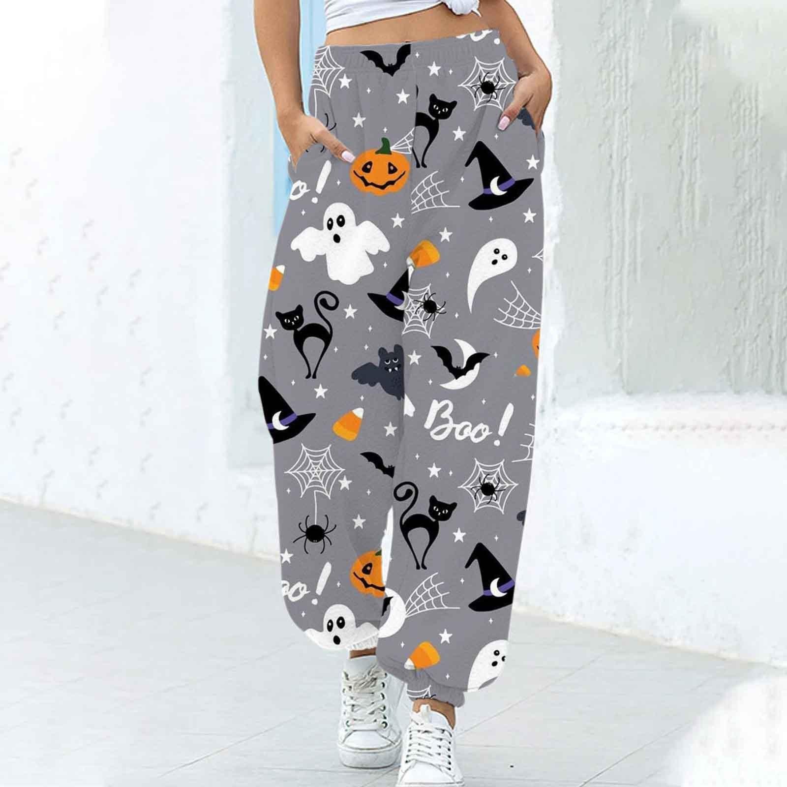 Women's Fashion Loose Halloween Funny Print Ankle Banded Pants - Nioor