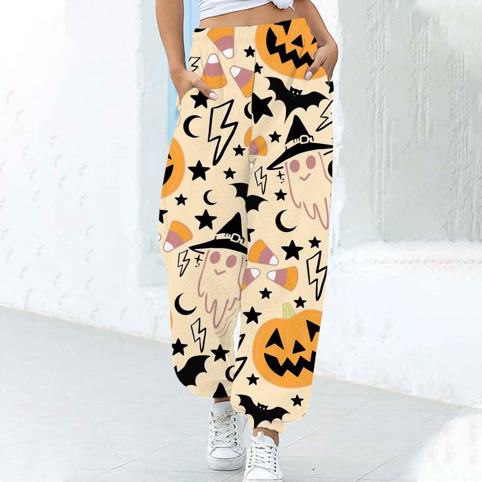 Women's Fashion Loose Halloween Funny Print Ankle Banded Pants - Nioor