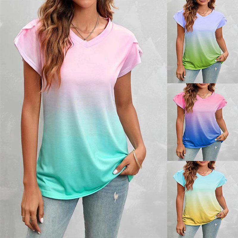 Women's Fashion Loose Tie-dyed Pullover V-neck Short Sleeve - Nioor