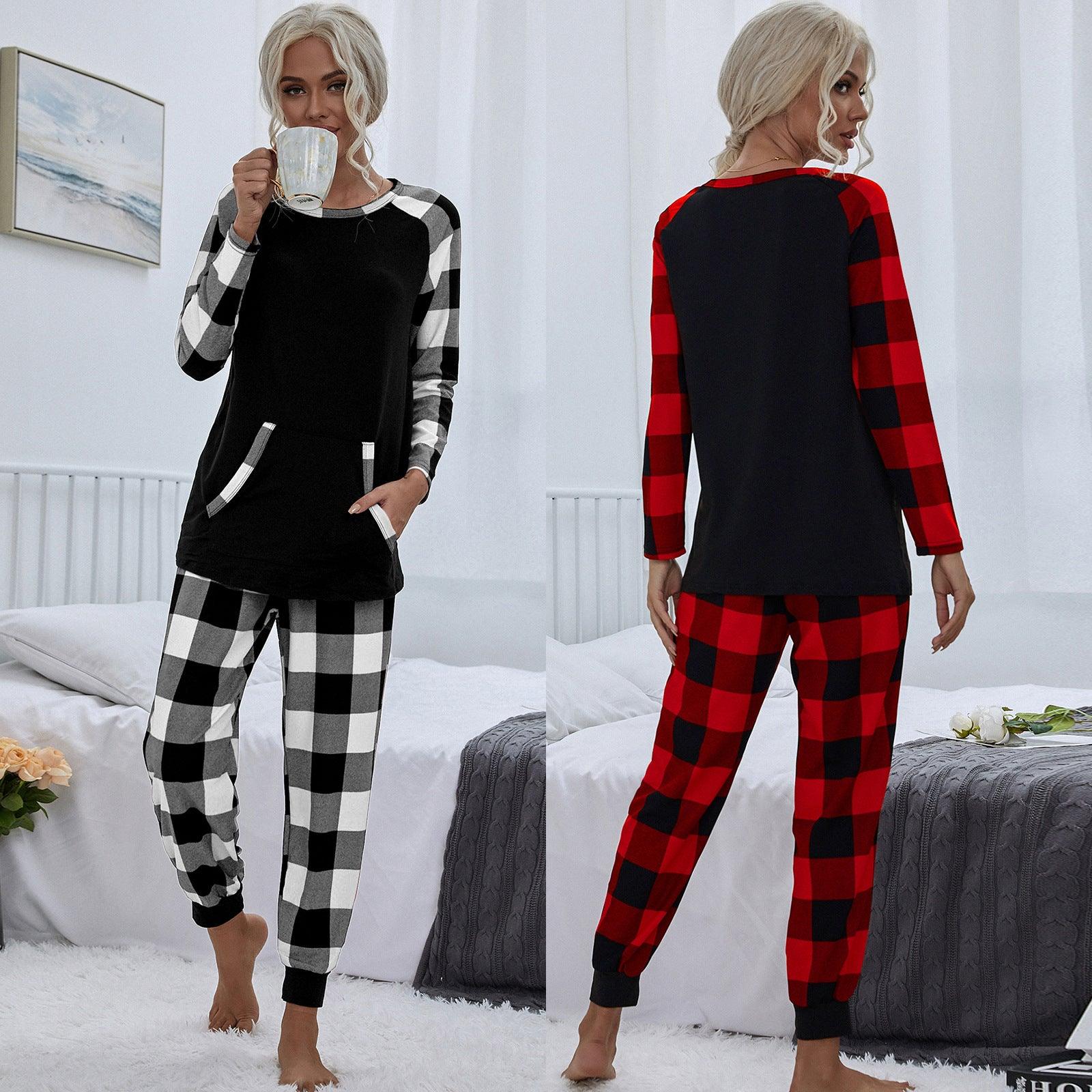 Women's Fashion Plaid Crew Neck Home Leisure Loose Outfit - Nioor