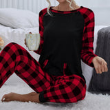 Women's Fashion Plaid Crew Neck Home Leisure Loose Outfit - Nioor