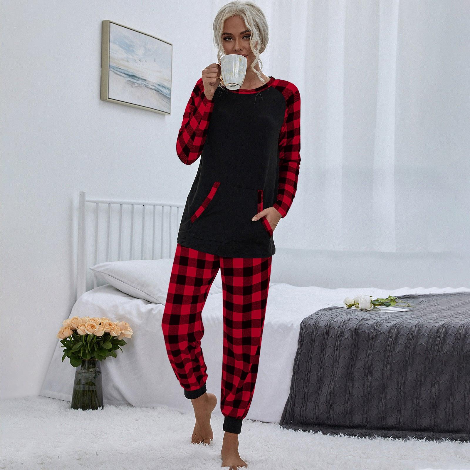 Women's Fashion Plaid Crew Neck Home Leisure Loose Outfit - Nioor