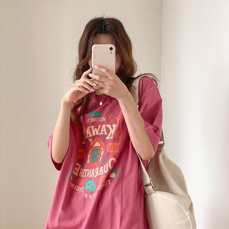 Women's Fashion Pure Cotton Contrast-color Letter Print Short-sleeve T-shirt - Nioor