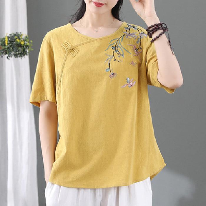 Women's Fashion Retro Frog Button Short Sleeve T-shirt - Nioor