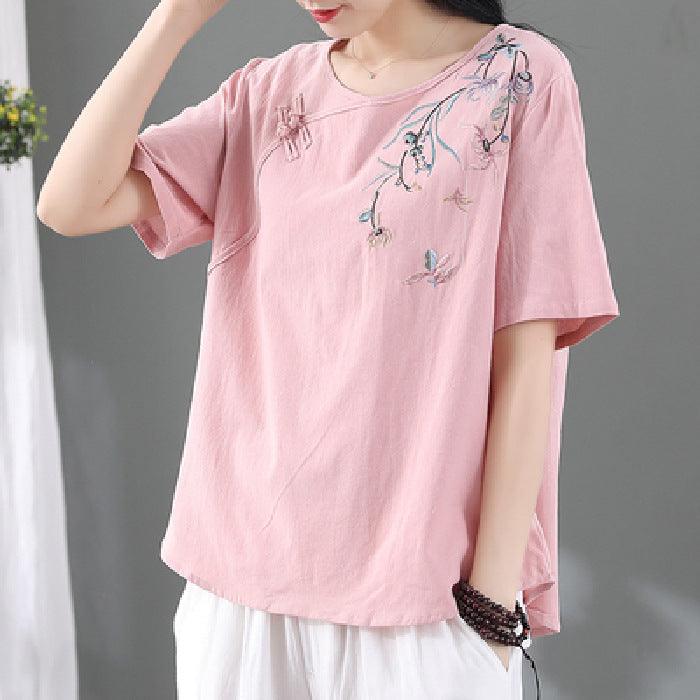 Women's Fashion Retro Frog Button Short Sleeve T-shirt - Nioor