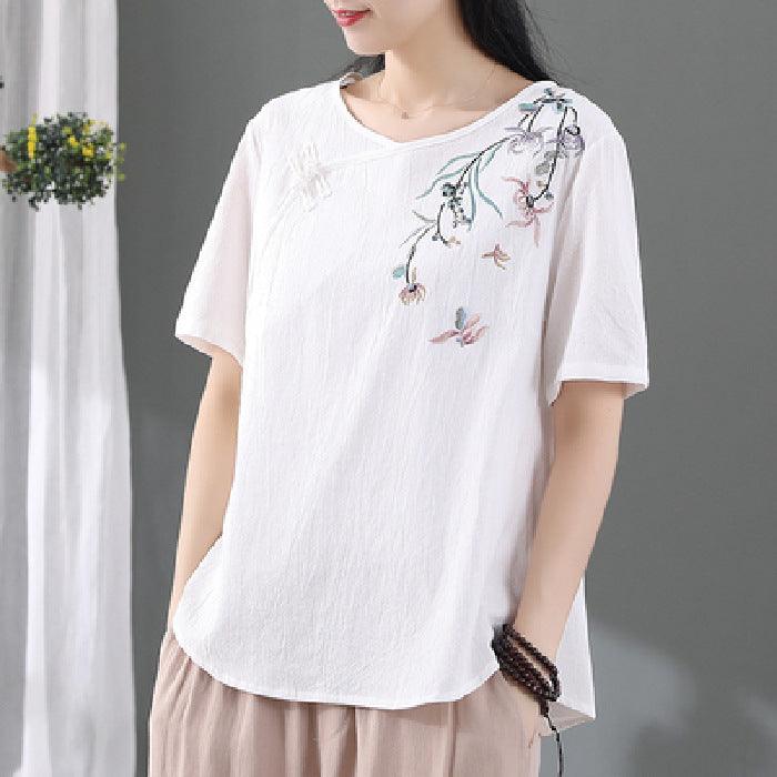 Women's Fashion Retro Frog Button Short Sleeve T-shirt - Nioor