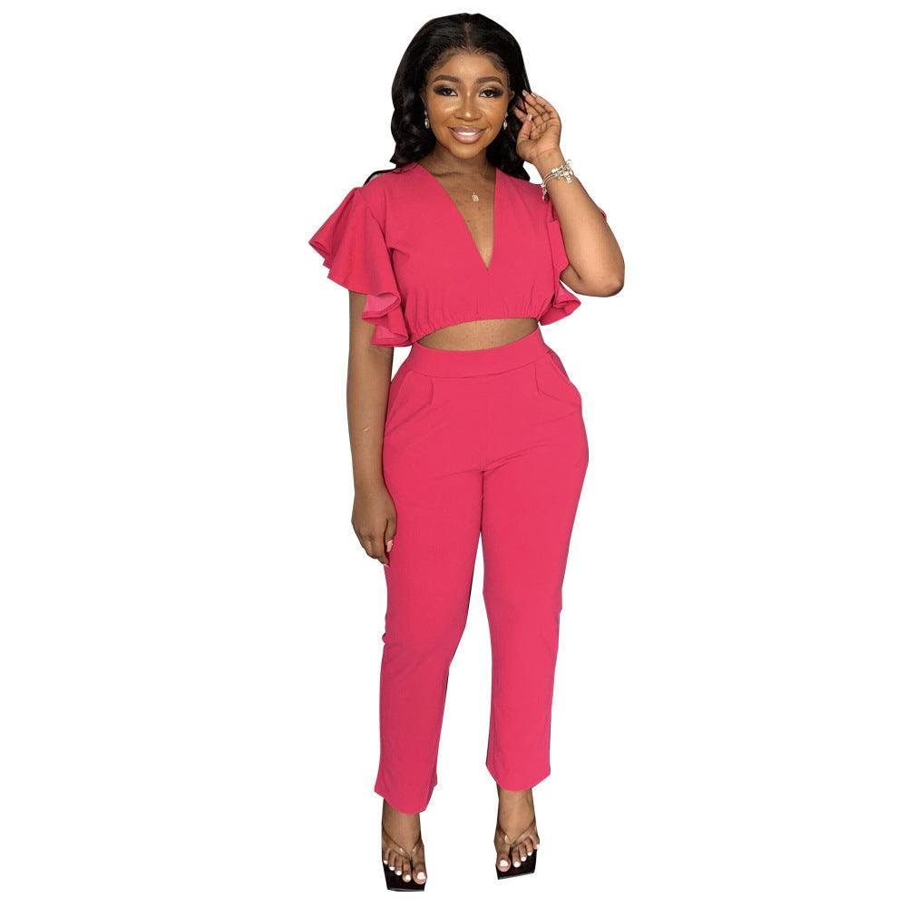 Women's Fashion Sexy Deep V Midriff-baring Top Straight-leg Trousers Casual Two-piece Suit - Nioor