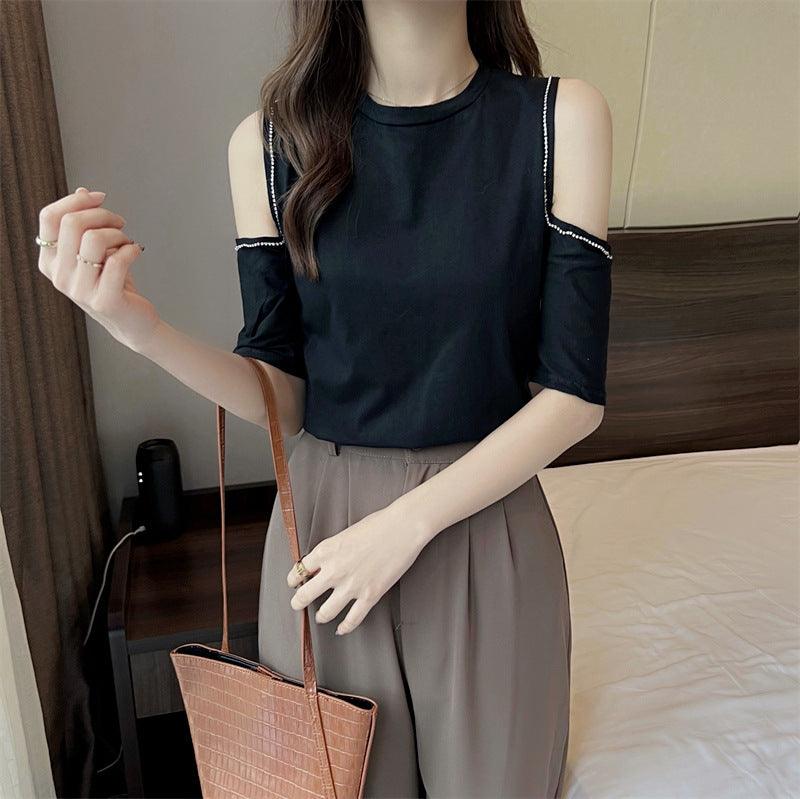 Women's Fashion Simple Solid Color Diamond Short Sleeve T-shirt - Nioor