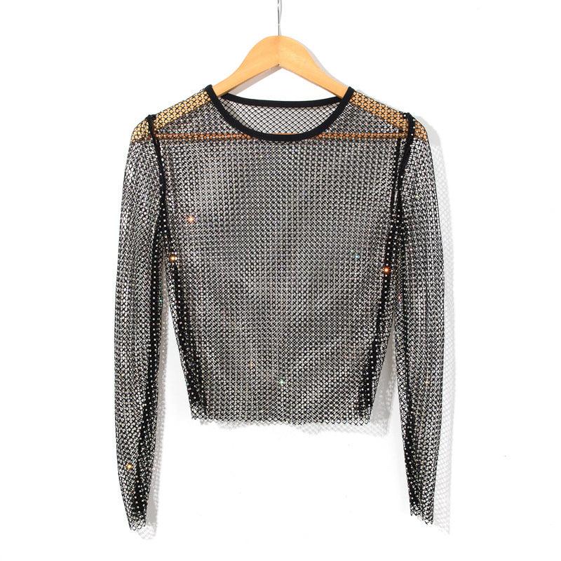 Women's Fashion Simple Solid Color Mesh Rhinestone Long Sleeve Top - Nioor