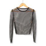 Women's Fashion Simple Solid Color Mesh Rhinestone Long Sleeve Top - Nioor