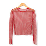 Women's Fashion Simple Solid Color Mesh Rhinestone Long Sleeve Top - Nioor